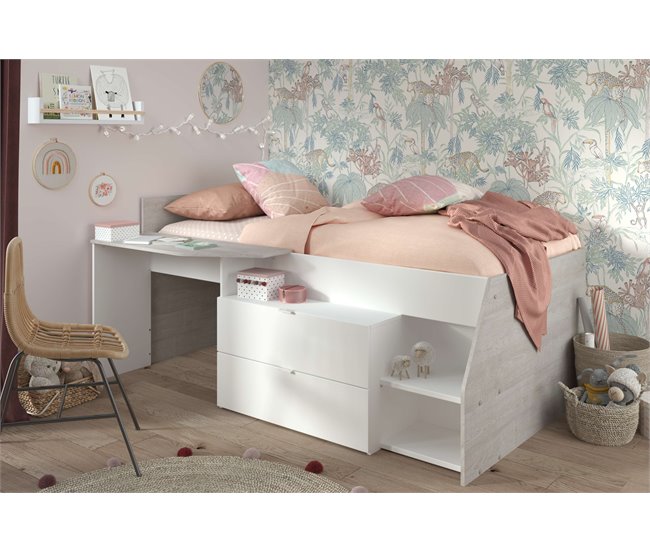 Cama infantil Valky com escrivaninha e 2 gavetas 203x135 Branco/cinza
