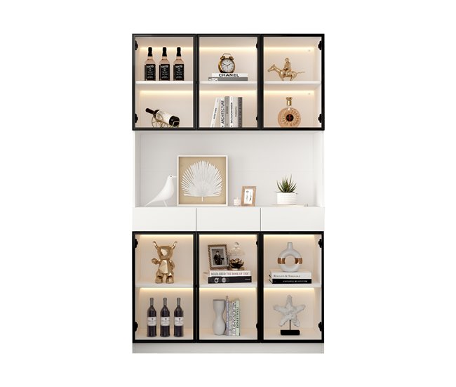 Vitrine de vidro 200 cm - móvel com luzes led, estante multiusos para coleção - branco com moldura da porta preta