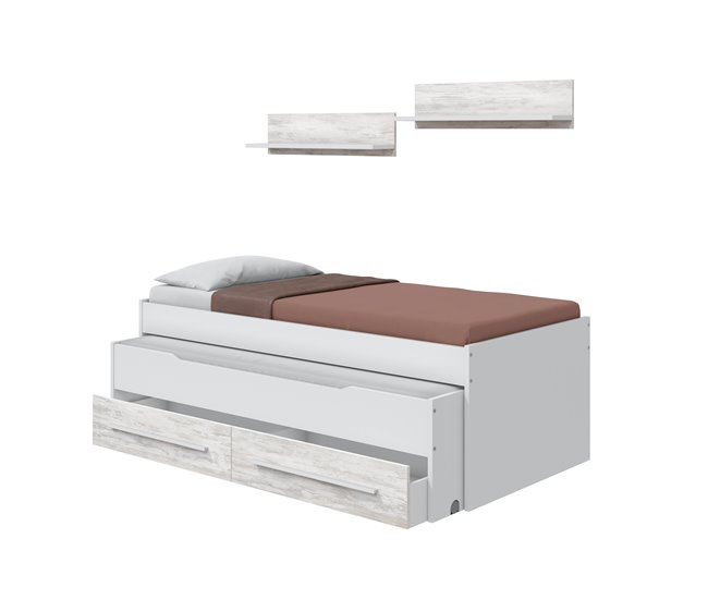 Cama juvenil dupla DUO com 2 gavetas e 2 prateleiras Branco