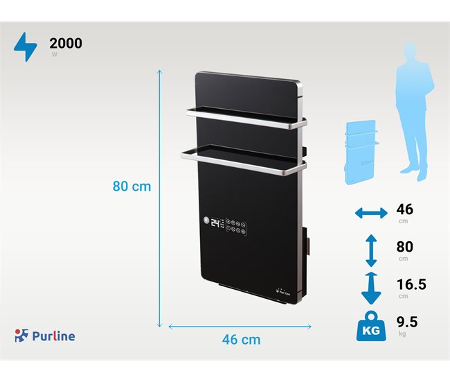 Aquecedor de toalhas elétrico digital de 2000 W com controlo WIFI Preto