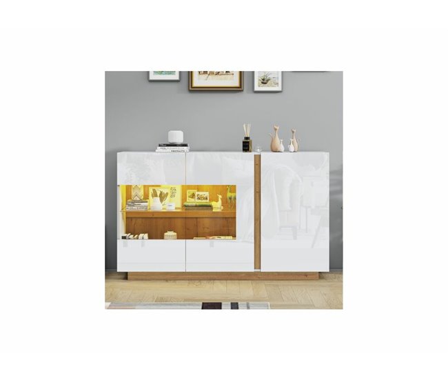 Aparador com vidro, 3 portas e iluminação LED Branco
