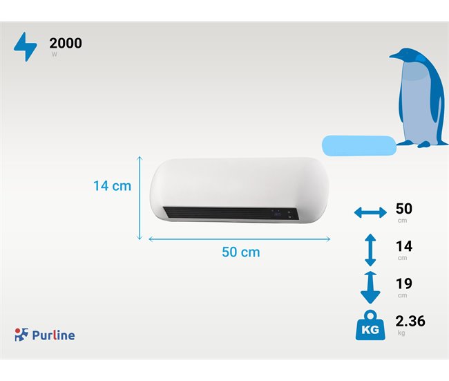 Aquecedor split de parede em cerâmica de 2000 W com controlo remoto Branco