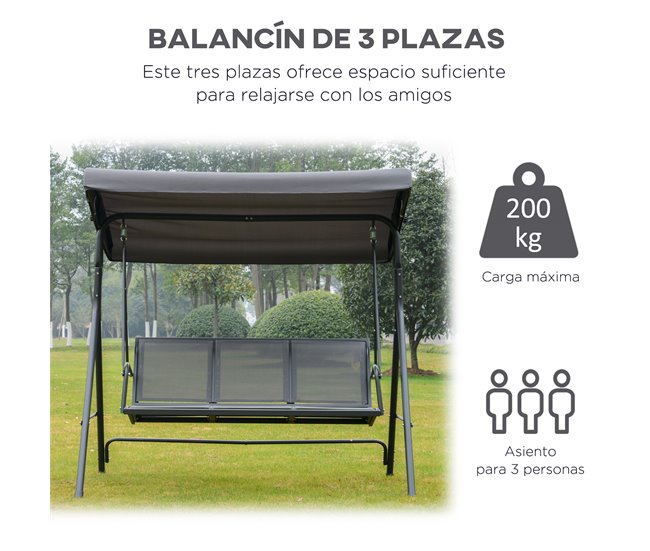 Baloiço de Jardim de 3 Lugares Metal, Poliéster e Têxtilene Cinza