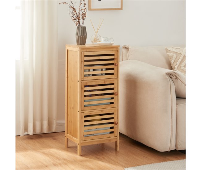 Armário lateral Ypäjä com 3 portas Bambu 82 x 33 x 27 cm Natural