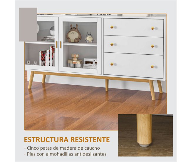 Aparador de Cozinha MDF, Vidro e Madeira de Borracha HOMCOM 160 Branco