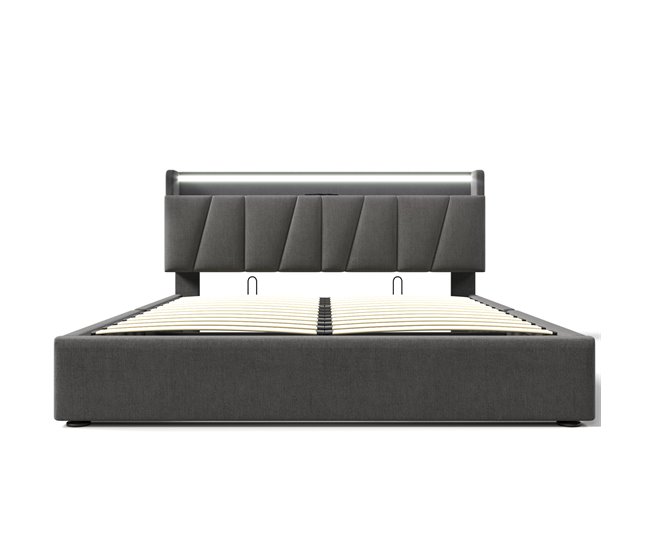 Cama estofada 160x200 cm - função de carregamento usb, cabeceira com arrumação e luzes led - cinza
