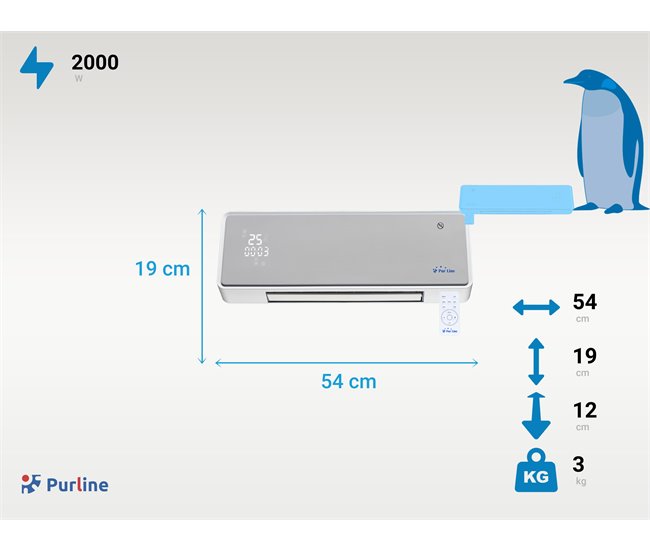 Aquecedor de parede de cerâmica 2000W com painel de controlo Cinza