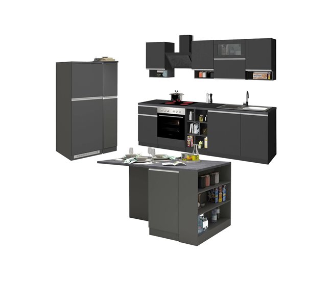 Cozinha completa dantenucc, conjunto com despensa, armário de cozinha, kit bloco com ilha e suporte para frigorífico, 100% fabricado em itália, branco brilhante e ardósia