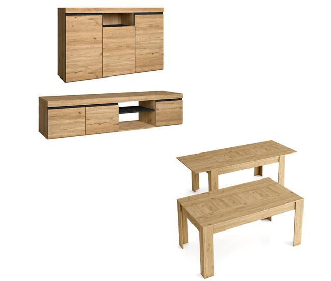 Conjunto de móveis para sala de estar - Aparador + Mesa de centro + Suporte para TV - Modelo Wind Carvalho