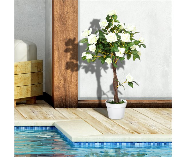 Árvore de Camélia Artificial PE, PP, Cimento, Tecido Outsunny Branco