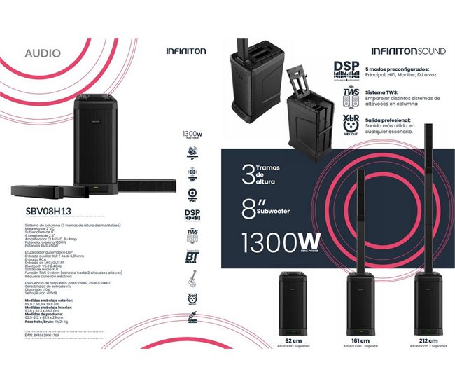 Altifalante portátil INFINITON SBV08H13, 1300 W, sistema de altifalantes, subwoofers Preto