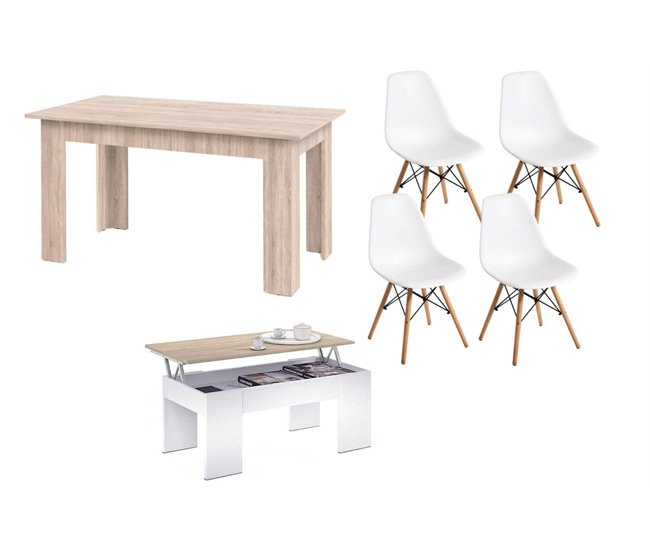 Pack Poupança: Mesa de Jantar + 4 Cadeiras + Mesa de Centro 140x80 Branco