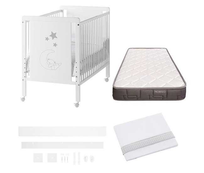 Berço co-leito Indi + colchão Morpheus + Base e tampo + 4 rodas Branco