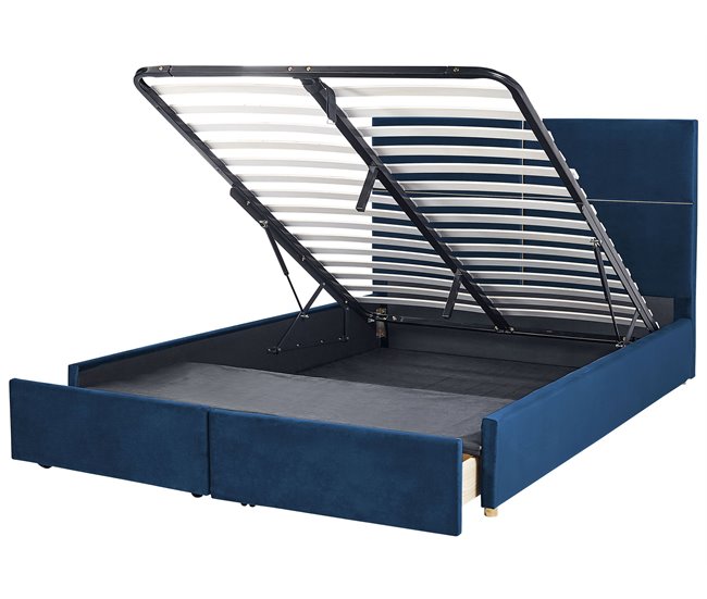Beliani Cama baú Veludo VERNOYES 188x214 Azul Marino