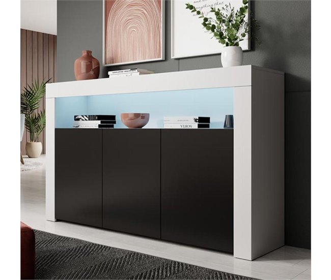 Aparador Sala de estar e jantar 3 portas LED Muebles Bonitos Branco/ Preto