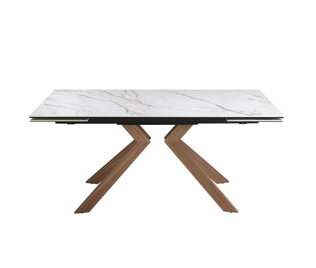 ANGEL CERDA Mesa de jantar extensível retangular em mármore porcelânico e aço com efeito nogueira 260x90 Nogal