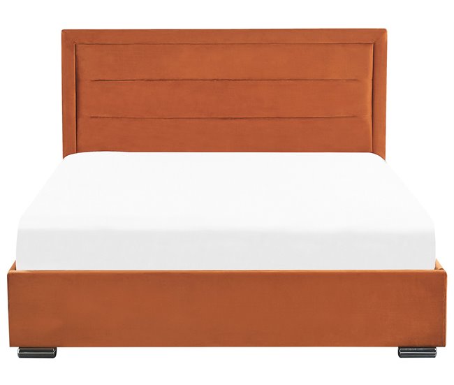 Beliani Cama com armazenamento Veludo ROUEN 168x214 Laranja