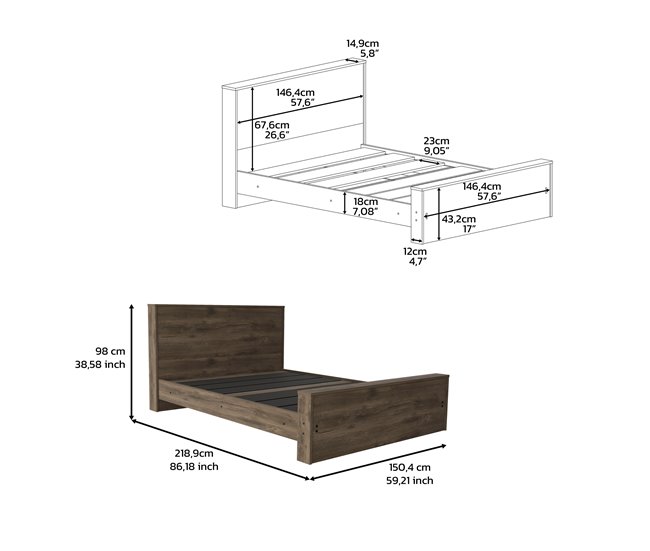 Base de cama completa Galanto, com moldura Castanho