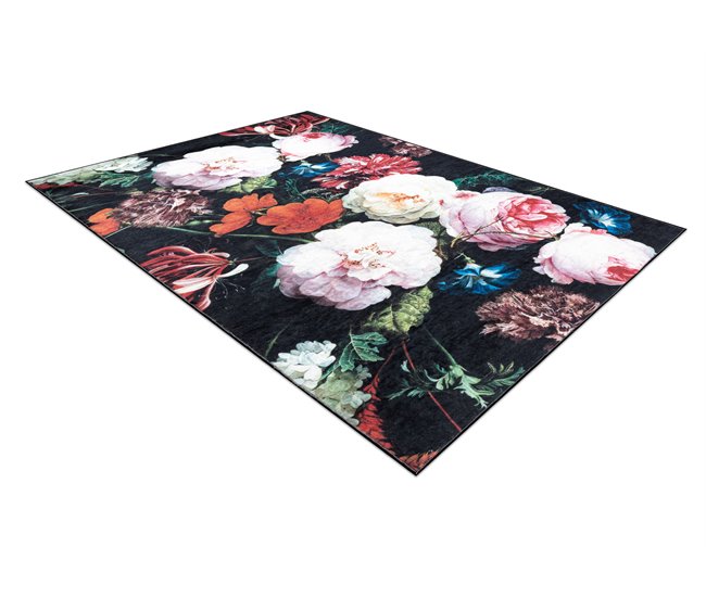 ANDRE 1629 Tapete flores vintage antiderrapante 80x150 Preto