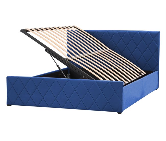 Beliani Cama com armazenamento Veludo ROCHEFORT 150x214 Azul Marino