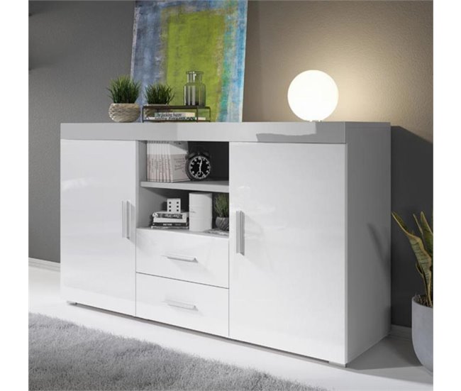 Aparador Sala de estar e jantar 2 portas 2 gavetas Roque 140 Branco/cinza