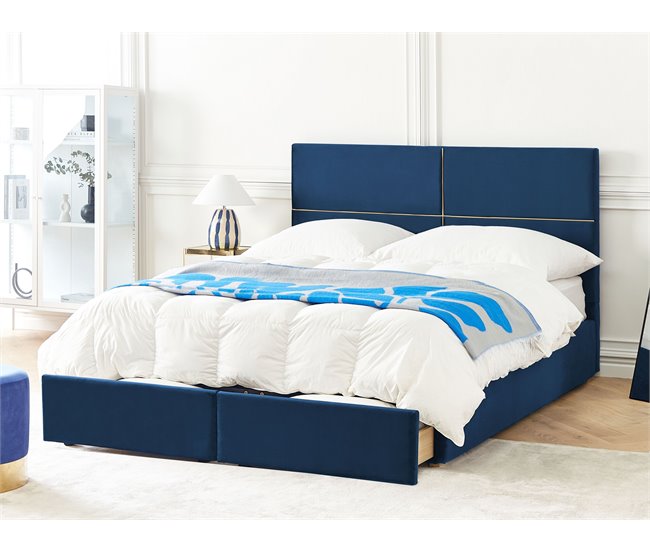 Beliani Cama baú Veludo VERNOYES 188x214 Azul Marino