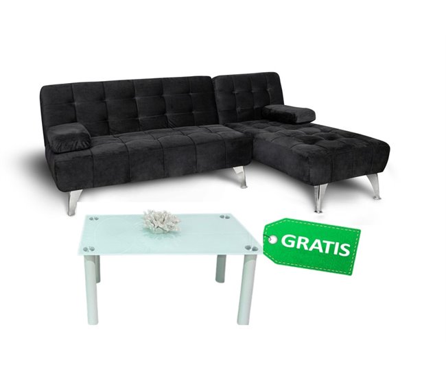 Sofá-cama chaise longue com mesa de centro Preto