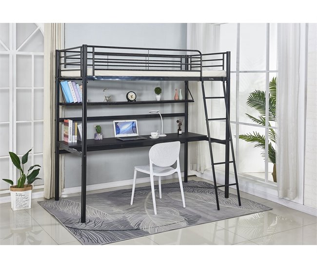 Cama alta com secretária 190x90 Preto