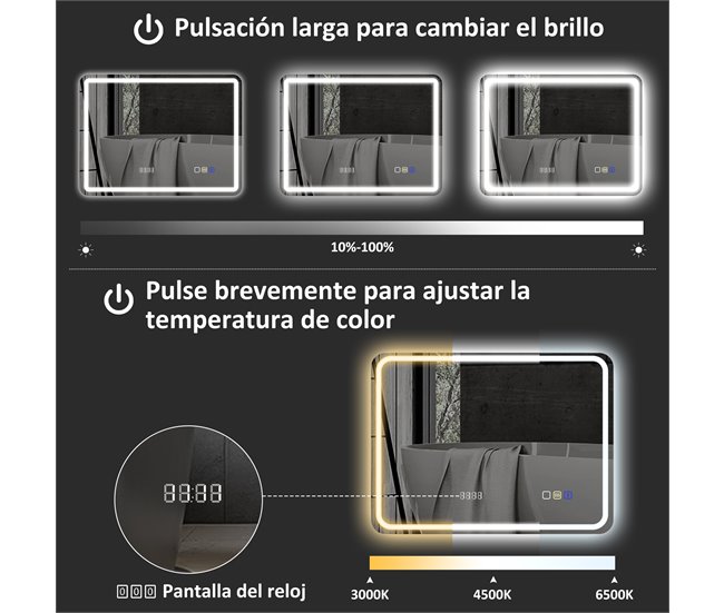 Espelho Casa de Banho com Iluminação Vidro Temperado HOMCOM Cinza