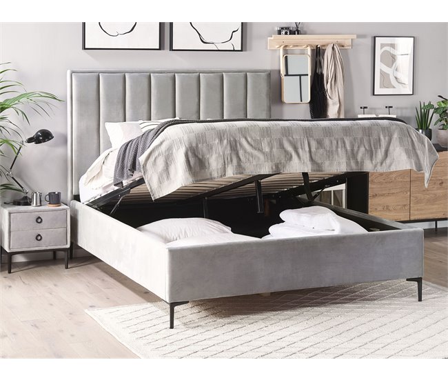 Beliani Cama con almacenaje Terciopelo SEZANNE 150x215 Azul Marino