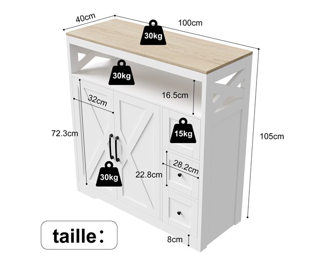 Aparador Escandinavo 100cm com 3 Gavetas e 2 Portas Branco