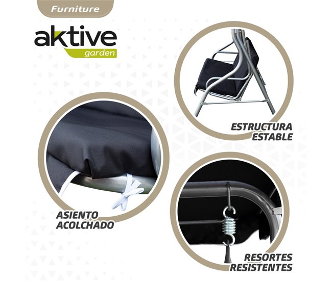 Cadeira de baloiço de jardim preta com capota basculante de 3 lugares Aktive Preto