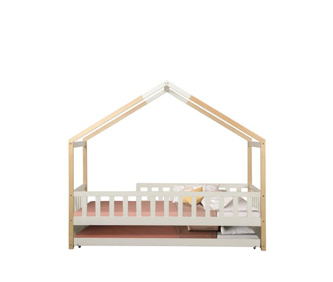 Cama nido de madeira maciça WOOD 90x190 cm em branco natural Branco/ Madeira