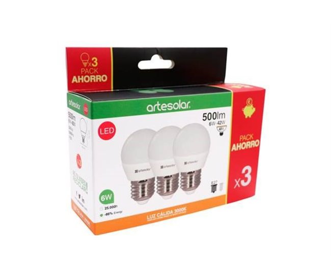 Pack de 3 lâmpadas LED esférico E27 6W 3000K Branco