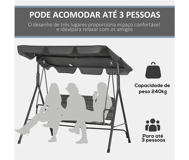 Baloiço de Jardim 3 Lugares Aço, Vime PE e Poliéster Outsunny Cinza