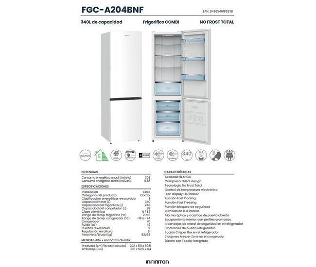 Frigorifico Combi Infiniton FGC-A204BNF, 304 L, No Frost Total Branco