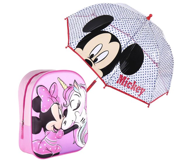 Conjunto de mochila infantil minnie 3d da disney + guarda-chuva do mickey mouse