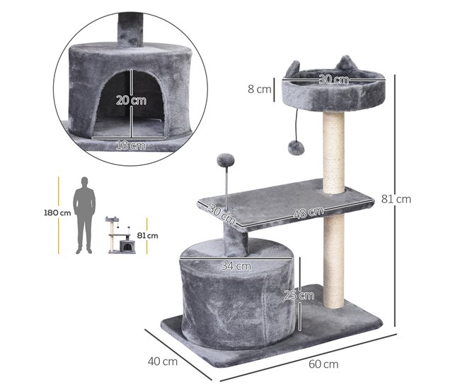 Arranhador para Gatos Aglomerado de madeira, Pelúcia e Sisal Cinza