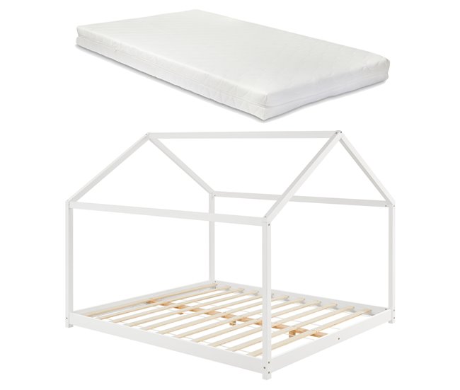  Cama de criança Cerro com colchão em forma de casa 206x186 Branco/ Bege
