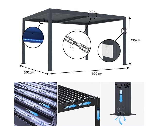 Pérgula bioclimática elétrica com LED Cinza