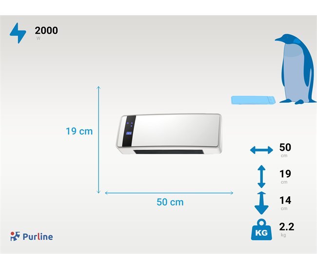 Aquecedor de parede cerámico 2000W com visor digital, controlo remoto Branco