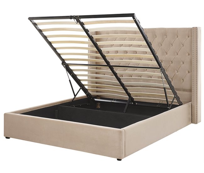 Beliani Cama com armazenamento Veludo LUBBON 190x217 Bege