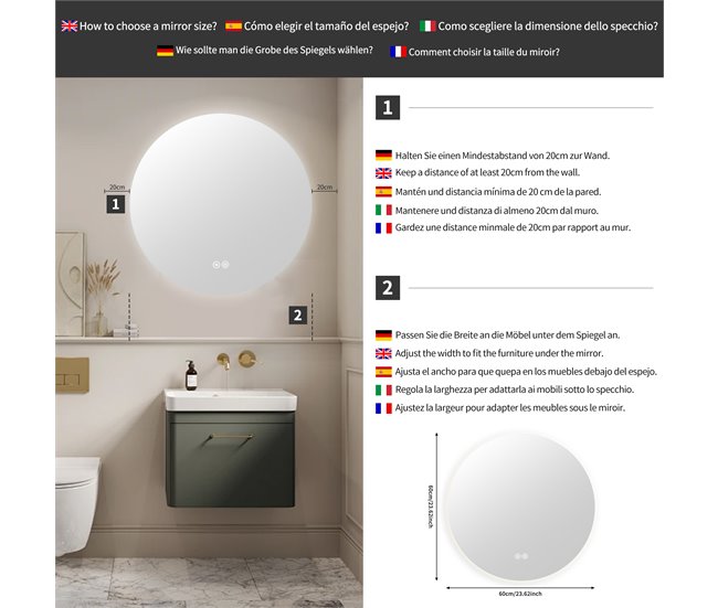 Espelho LED redondo para banheiro 80x4 Transparente