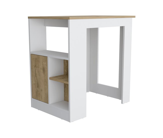 Ilha de cozinha Oviedo em melamina com mini armário de 1 porta e prateleiras laterais Natural/ Branco