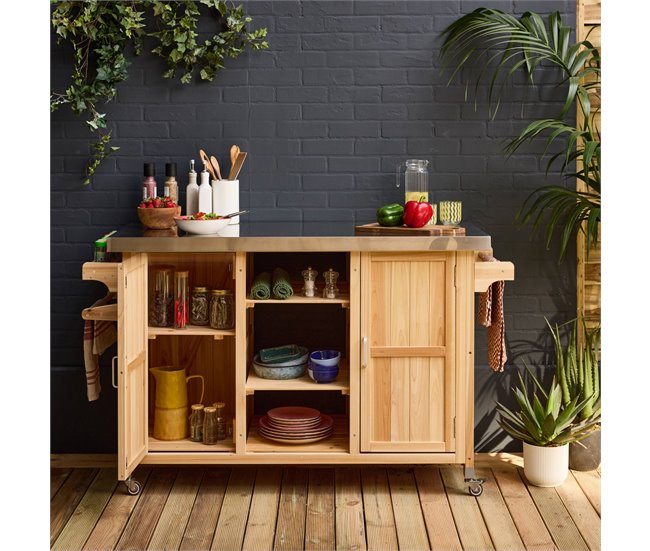 Cozinha exterior em madeira de abeto de 130 cm com pegas, 4 rodas 147 Madeira