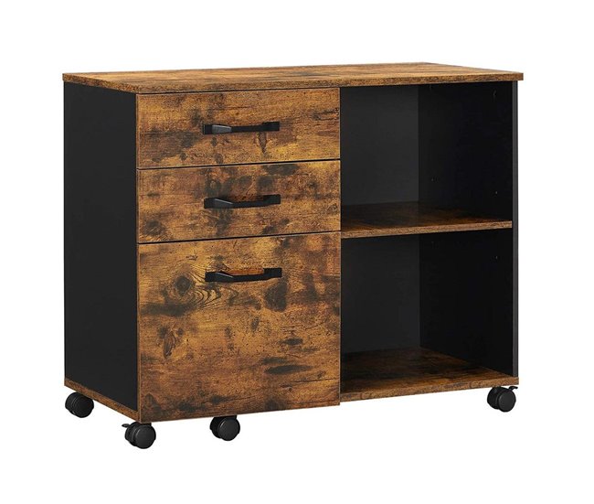 Armário de caixa com 3 gavetas e aparadores abertos Preto/ Madeira