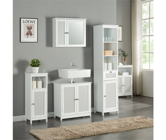 Armário de casa de banho Karlsøy com 1 porta MDF rattan Branco