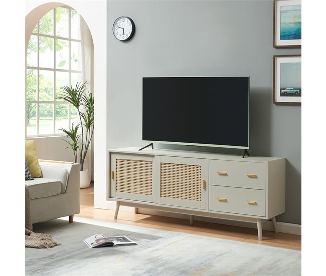 Armário de TV Susa 2 portas de correr de polyrattan [en.casa] 160 Bege