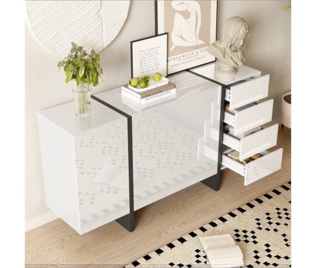 Aparador, 2 portas, 4 gavetas, sala de estar, sala de jantar Branco