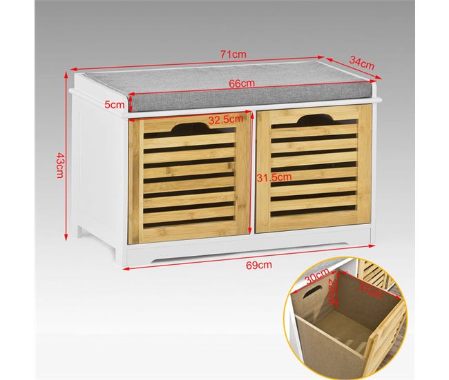 Banco de arrumação com almofadas e 2 cubos FSR23-K-WN SoBuy Natural/ Branco